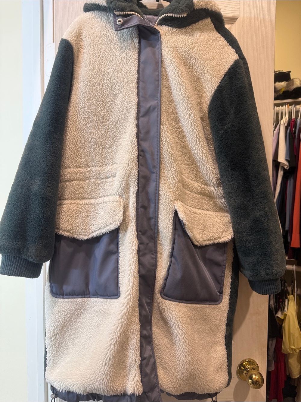 UGG Women's Two-Tone Sherpa Hooded coat in Cream and Dark Green